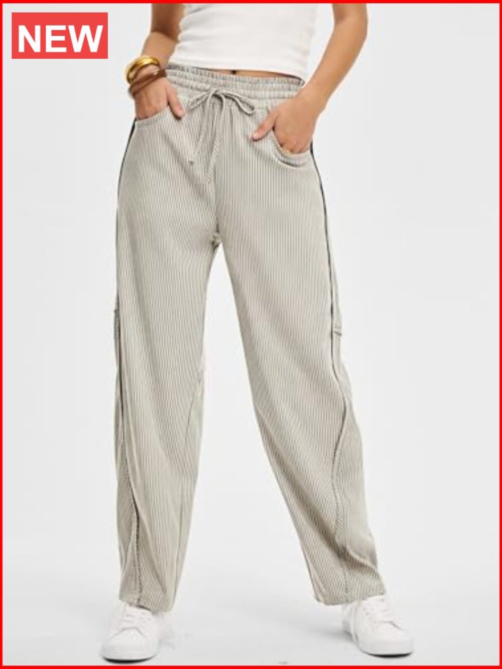 Womens Striped Barrel Casual Pants Elastic Drawstring Wide Leg Trousers with - Picture 4 of 7